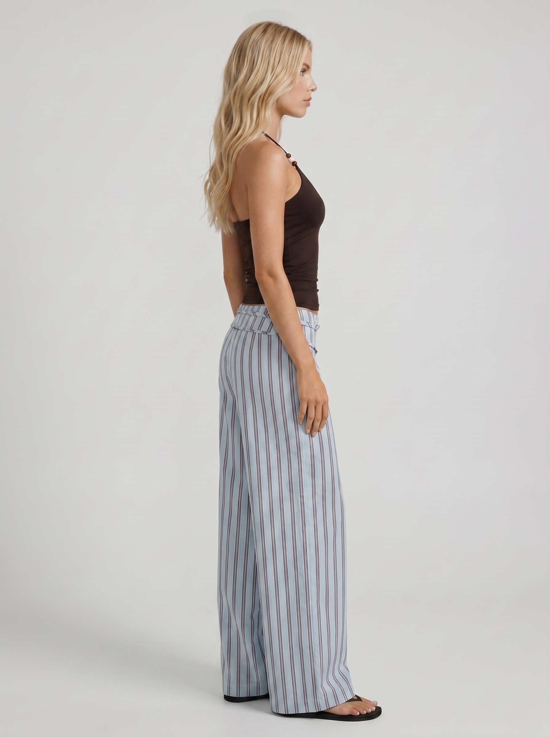 Women blue maroon stripe high waist tie waist wide leg linen pants, side profile view