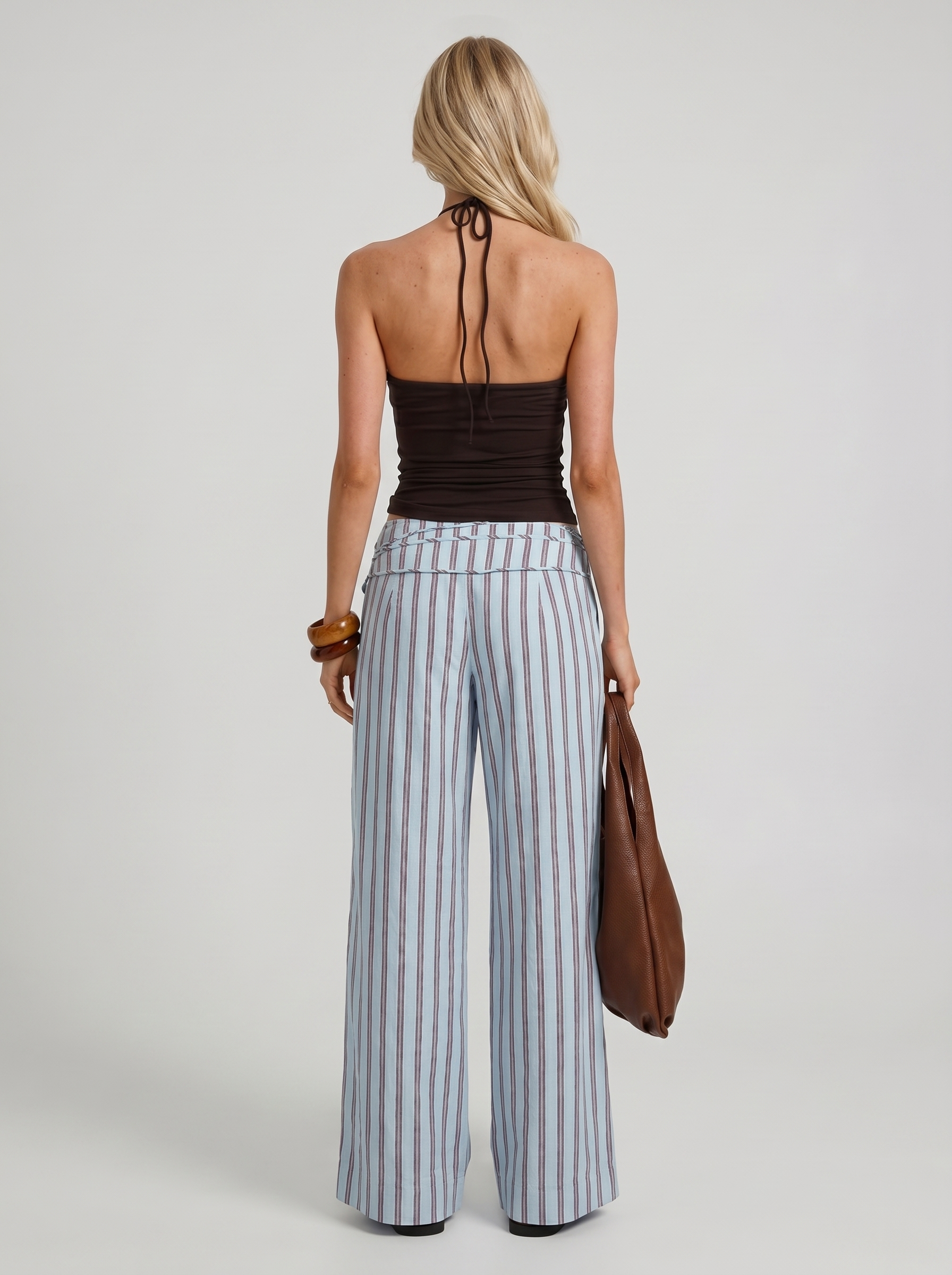 Women blue maroon stripe high waist tie waist wide leg linen pants, back view