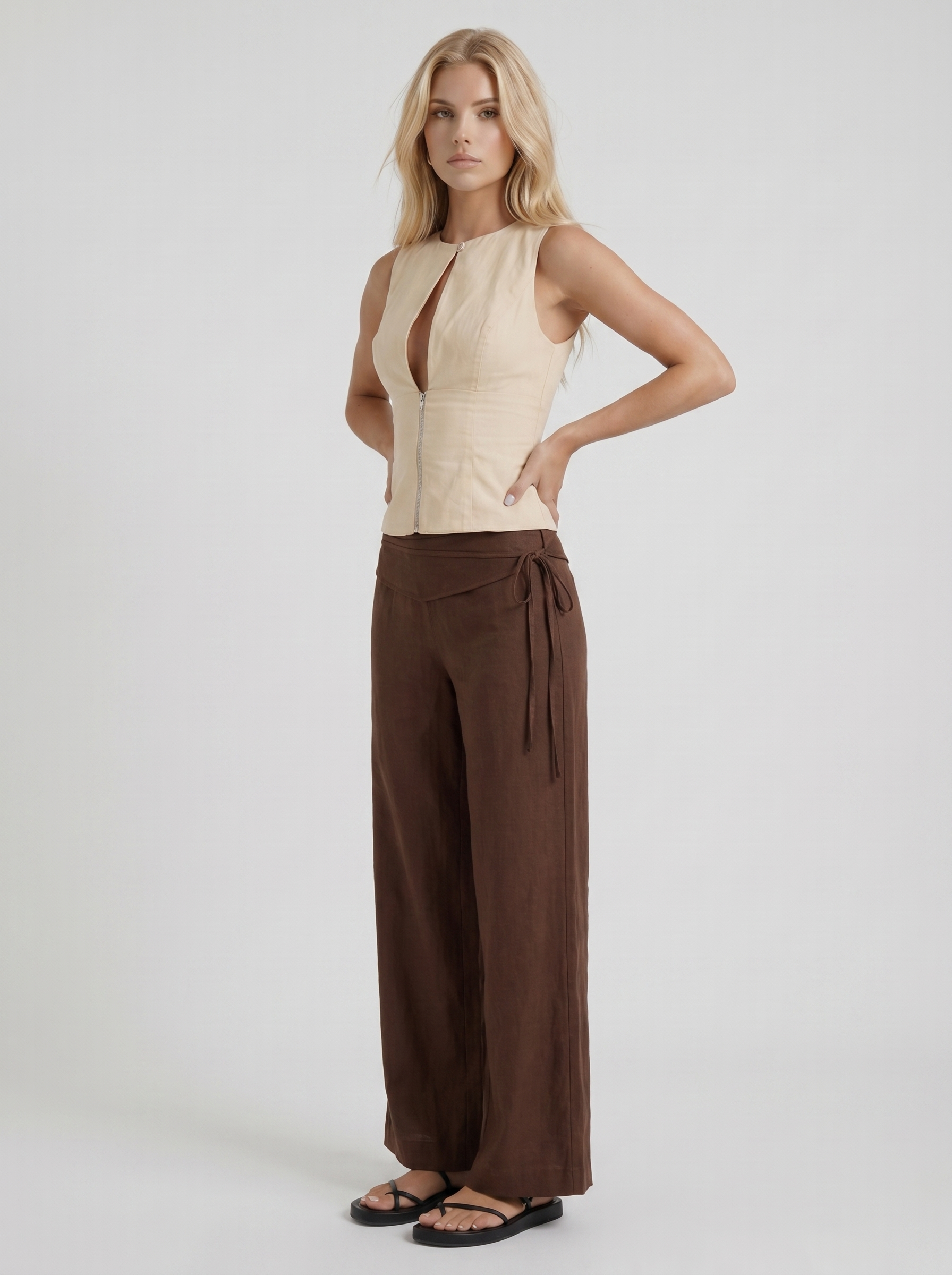 Women brown high waist tie waist wide leg linen pants, 45 angle view