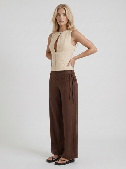 Women brown high waist tie waist wide leg linen pants, 45 angle view