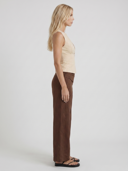 Women brown high waist tie waist wide leg linen pants, side profile view