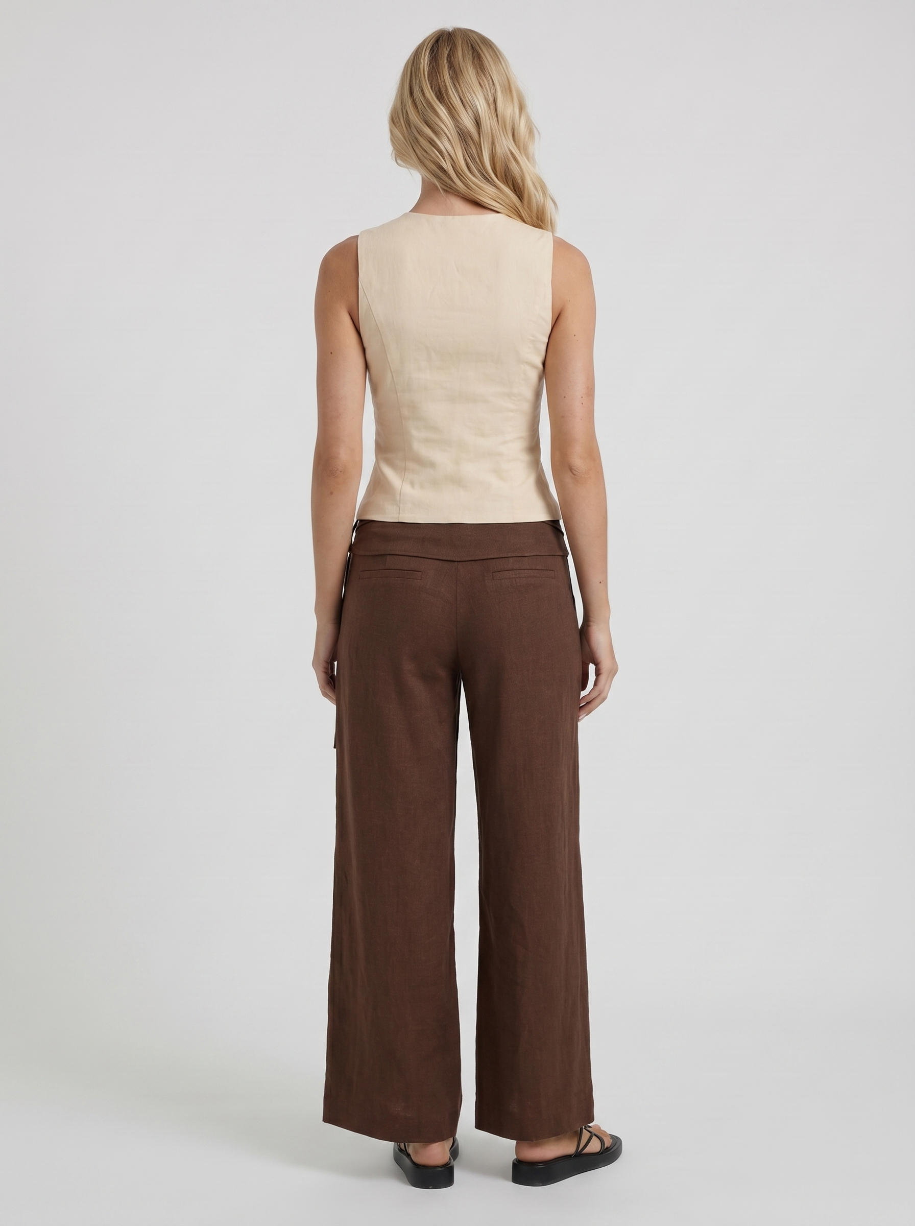 Women brown high waist tie waist wide leg linen pants, back view