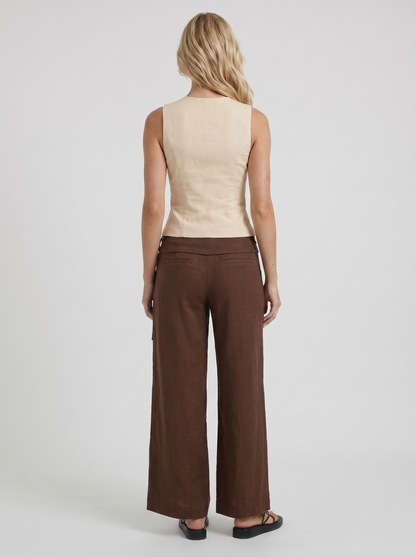 Women brown high waist tie waist wide leg linen pants, back view