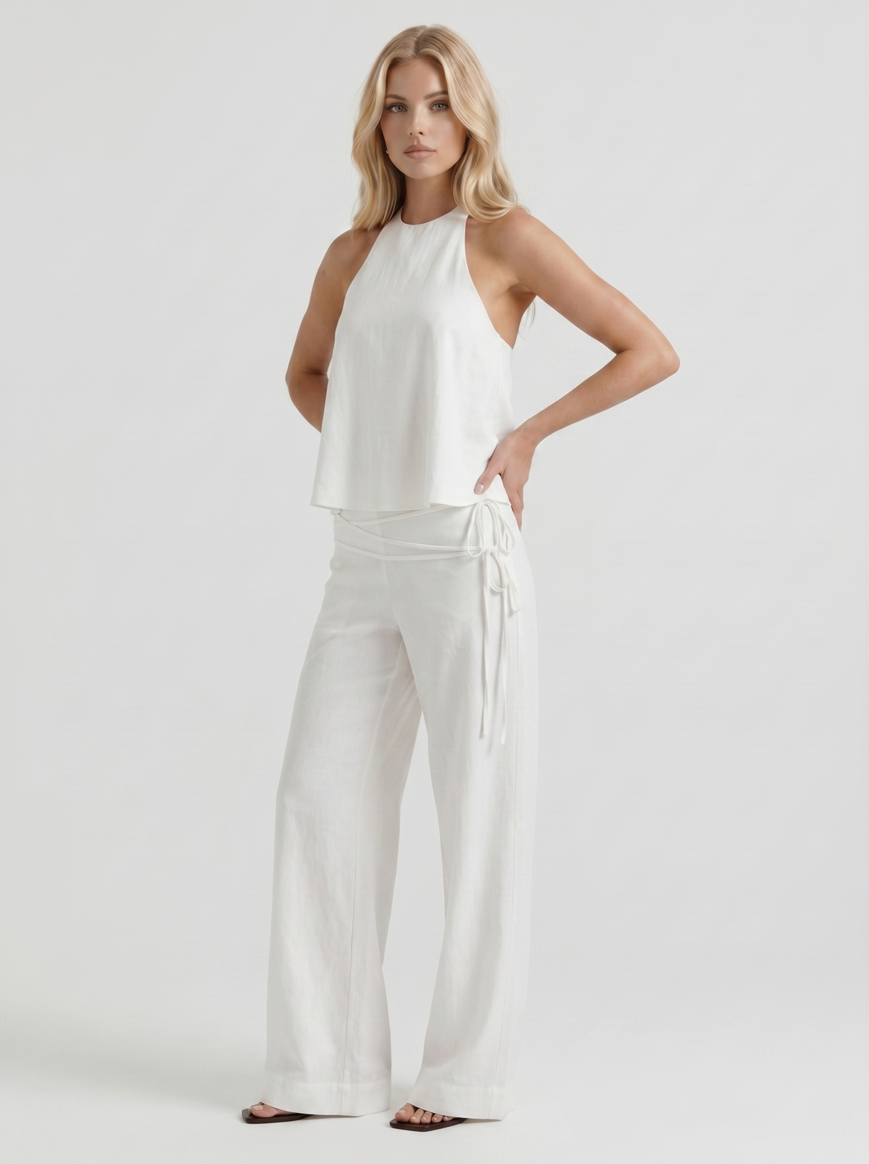 Women white high waist tie waist wide leg linen pants, 45 angle view