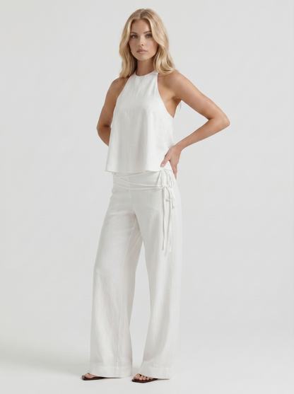 Women white high waist tie waist wide leg linen pants, 45 angle view