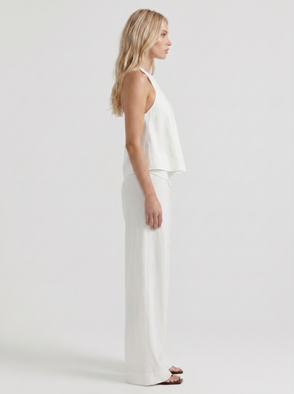 Women white high waist tie waist wide leg linen pants, side profile view