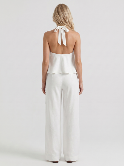 Women white high waist tie waist wide leg linen pants, back view