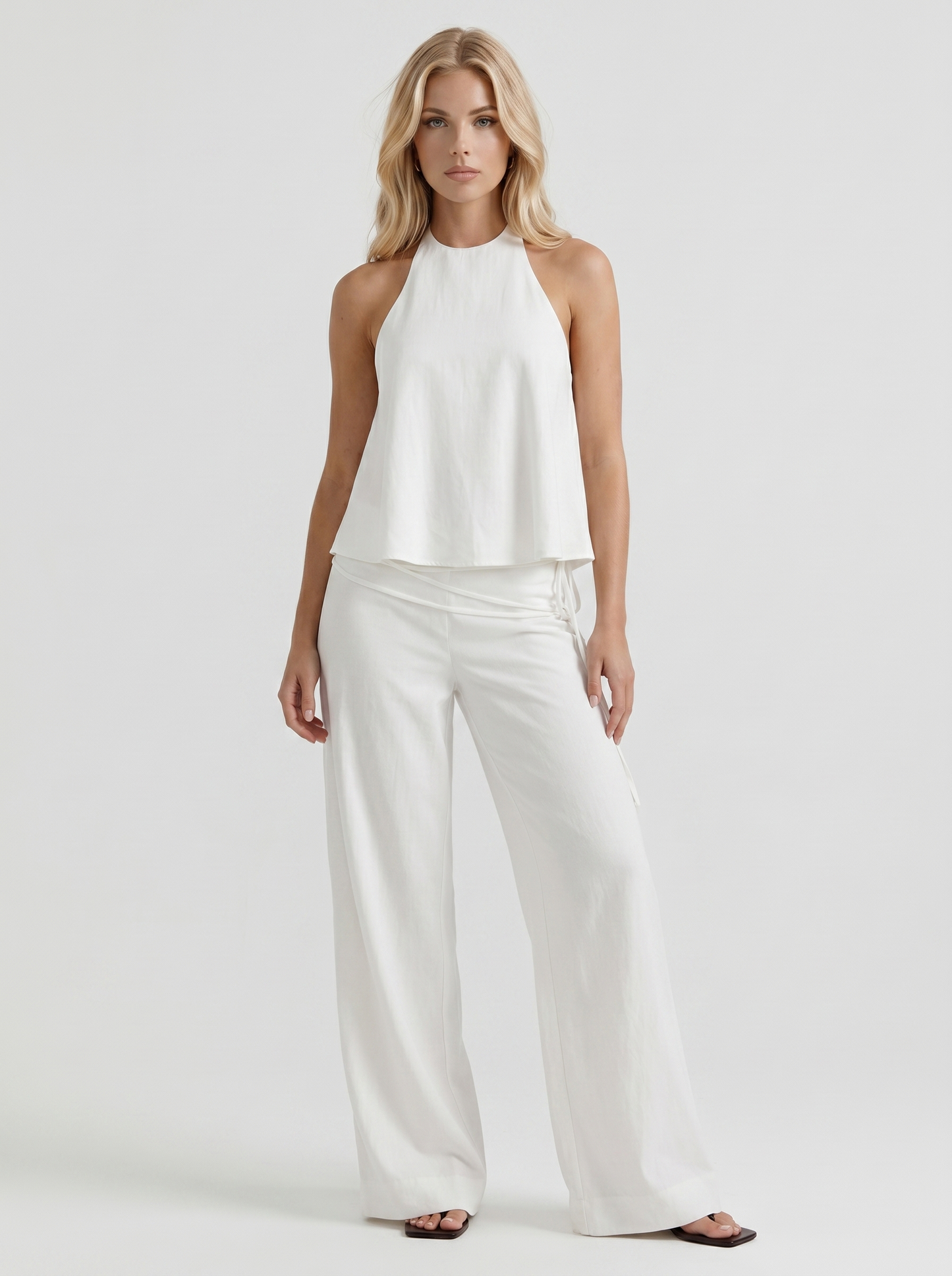 Women white high waist tie waist wide leg linen pants, front view