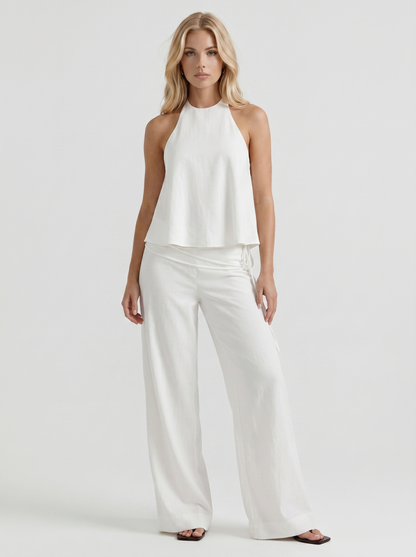 Women white high waist tie waist wide leg linen pants, front view