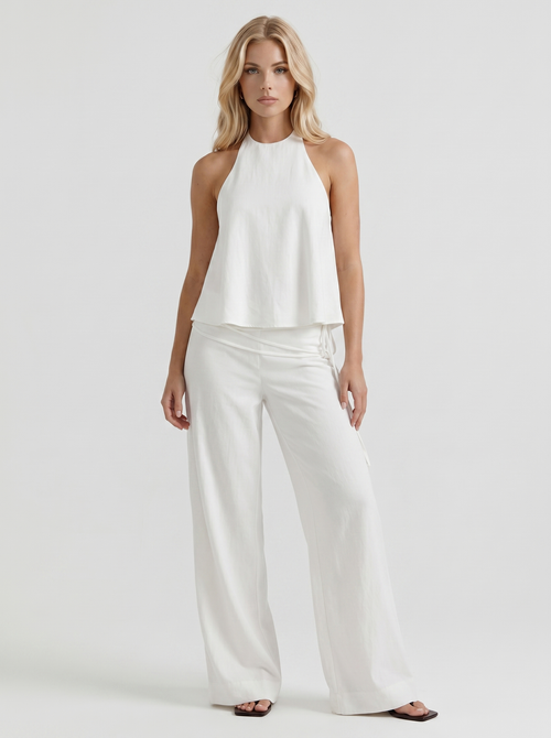 Women white high waist tie waist wide leg linen pants, front view