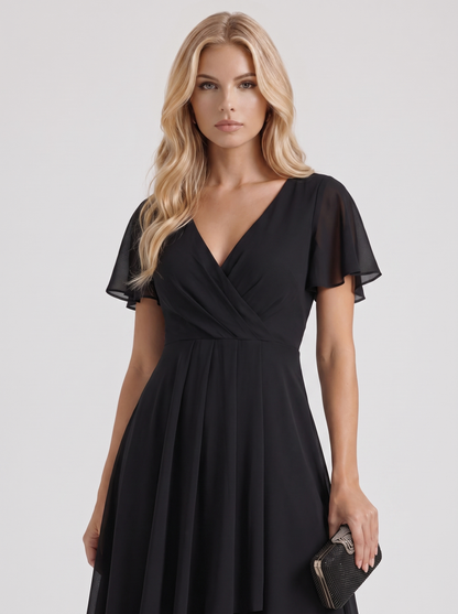Women black midi dress with wrap v neckline and flutter sleeves