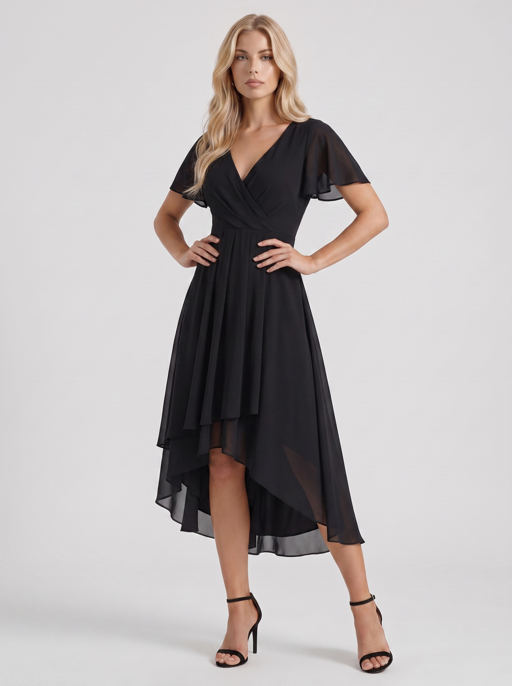 Women black midi dress with wrap v neckline and flutter sleeves