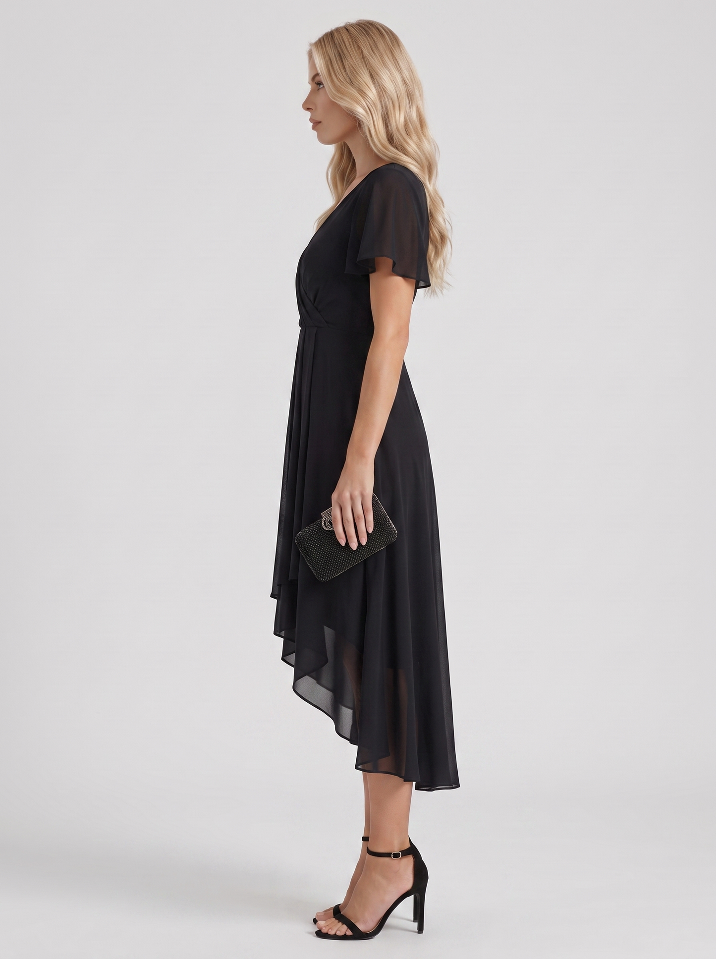 Women black midi dress with wrap v neckline and flutter sleeves