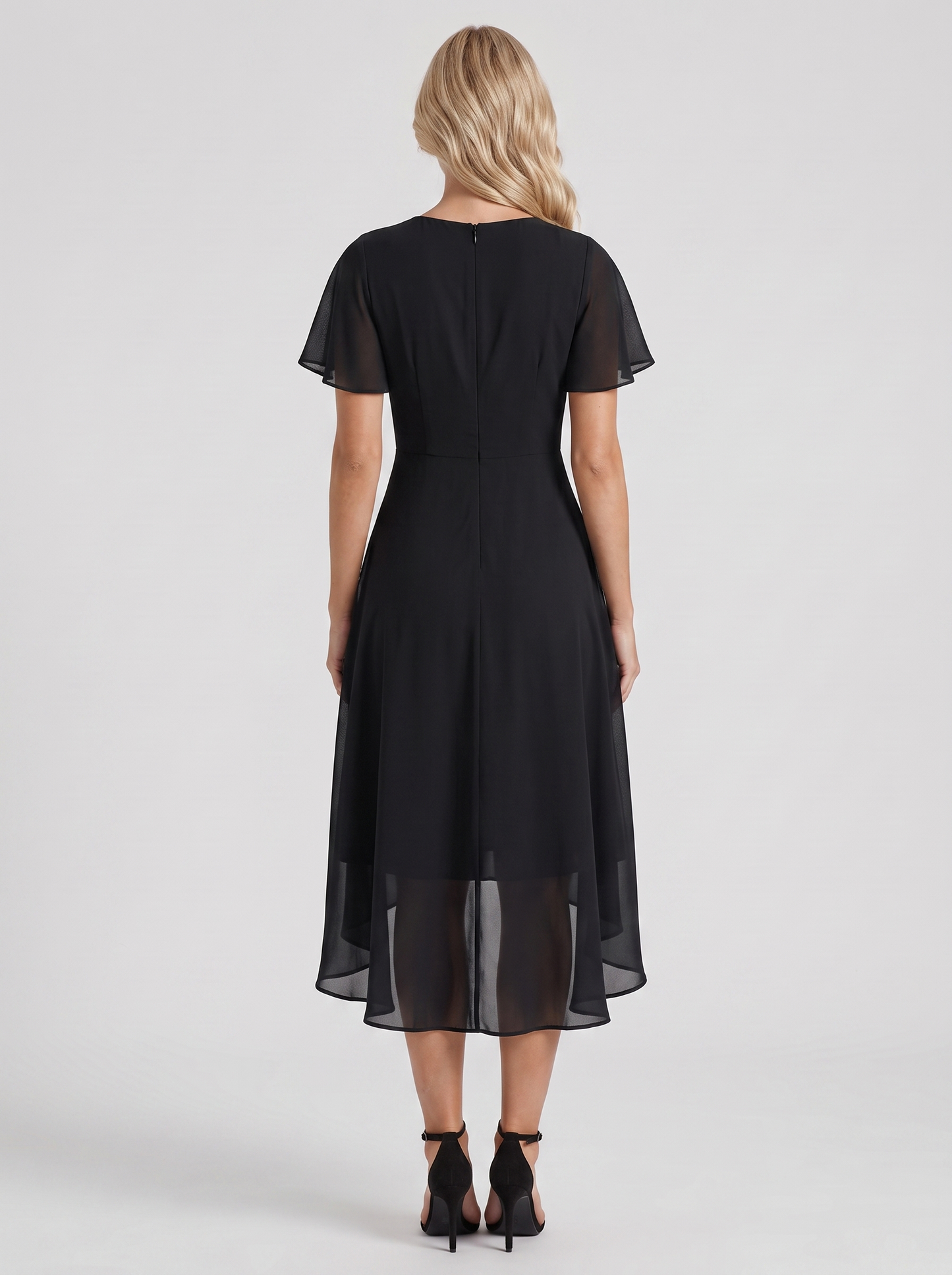 Women black midi dress with wrap v neckline and flutter sleeves