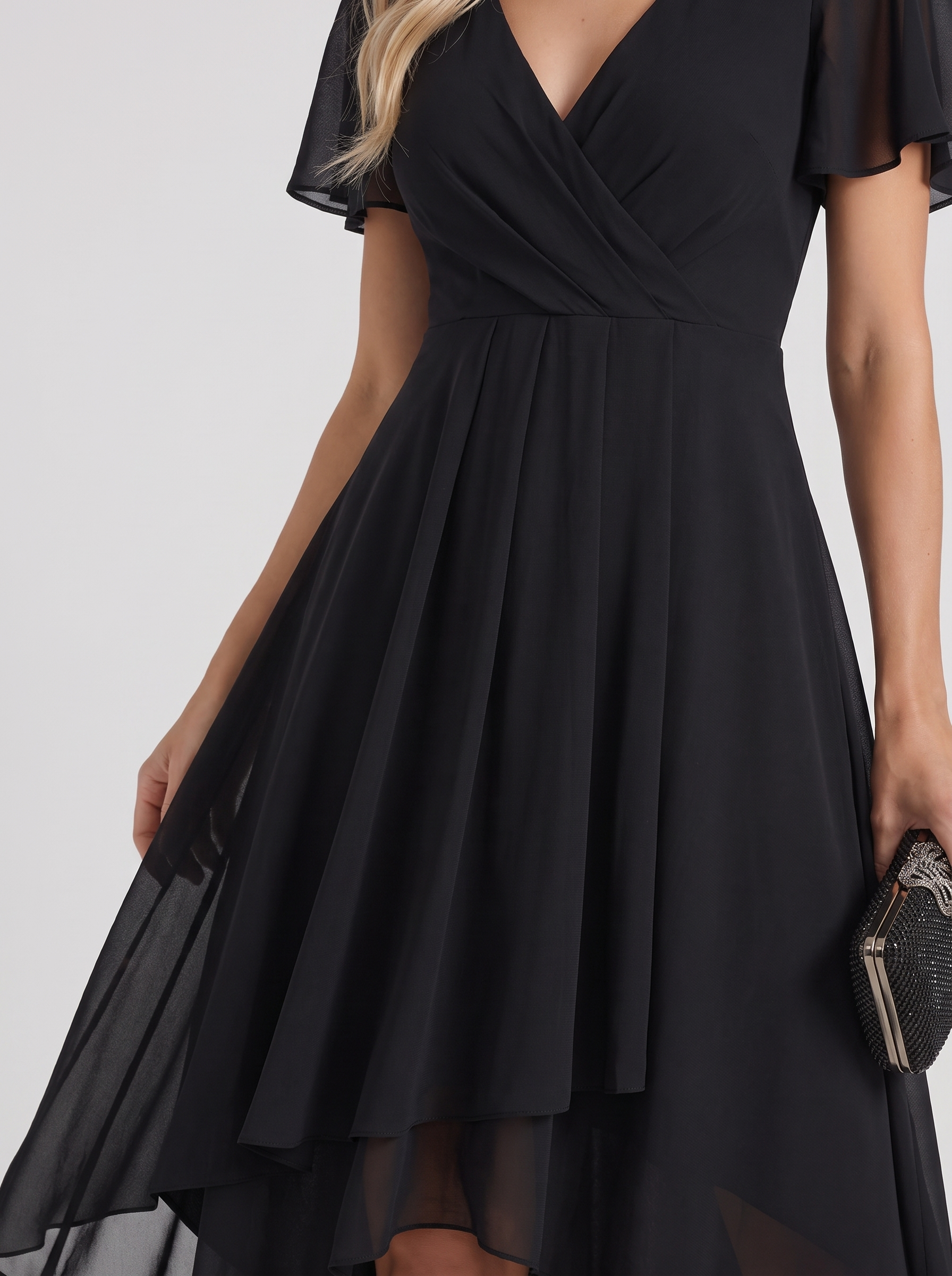 Women black midi dress with wrap v neckline and flutter sleeves
