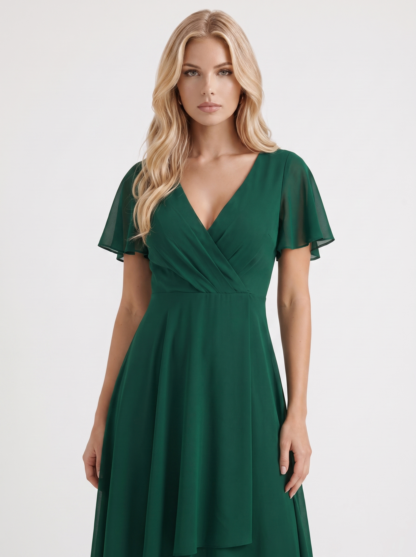 Women dark green midi dress with wrap v neckline and flutter sleeves