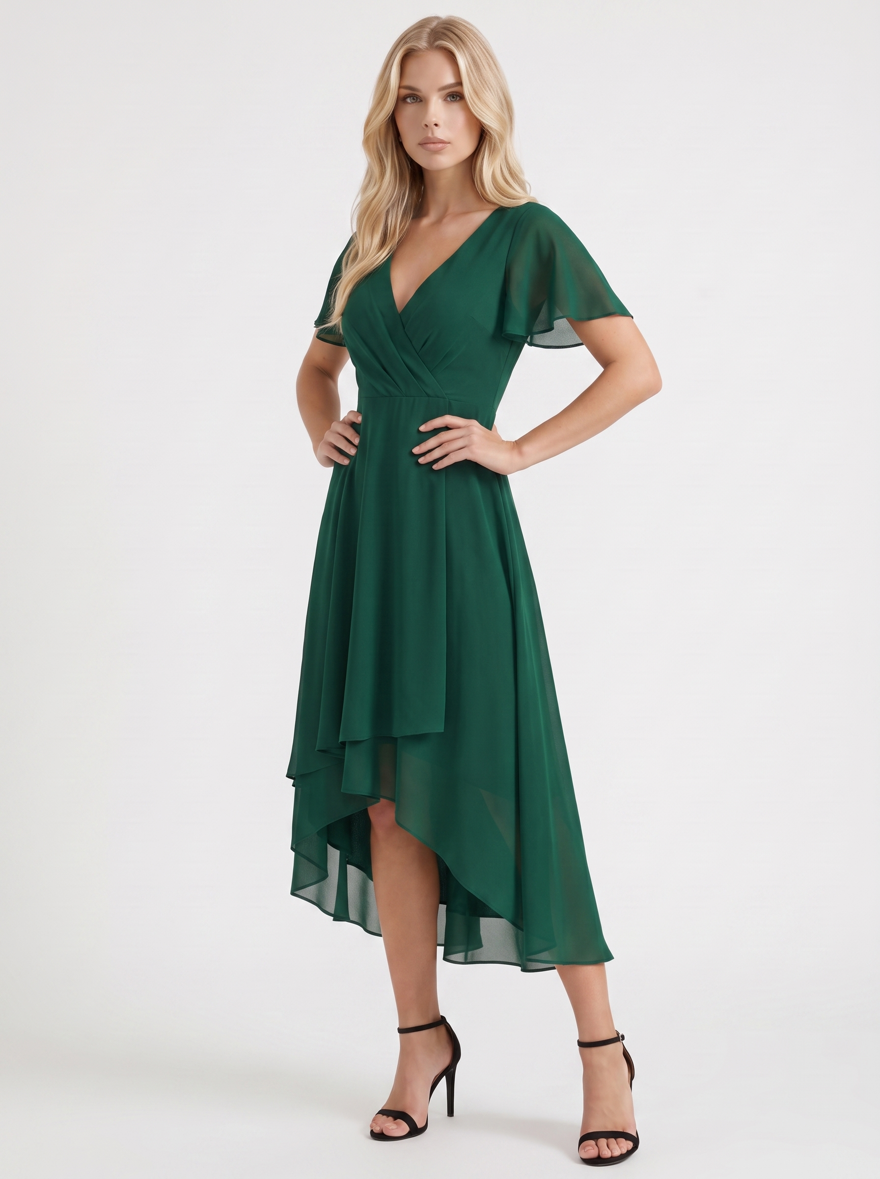 Women dark green midi dress with wrap v neckline and flutter sleeves