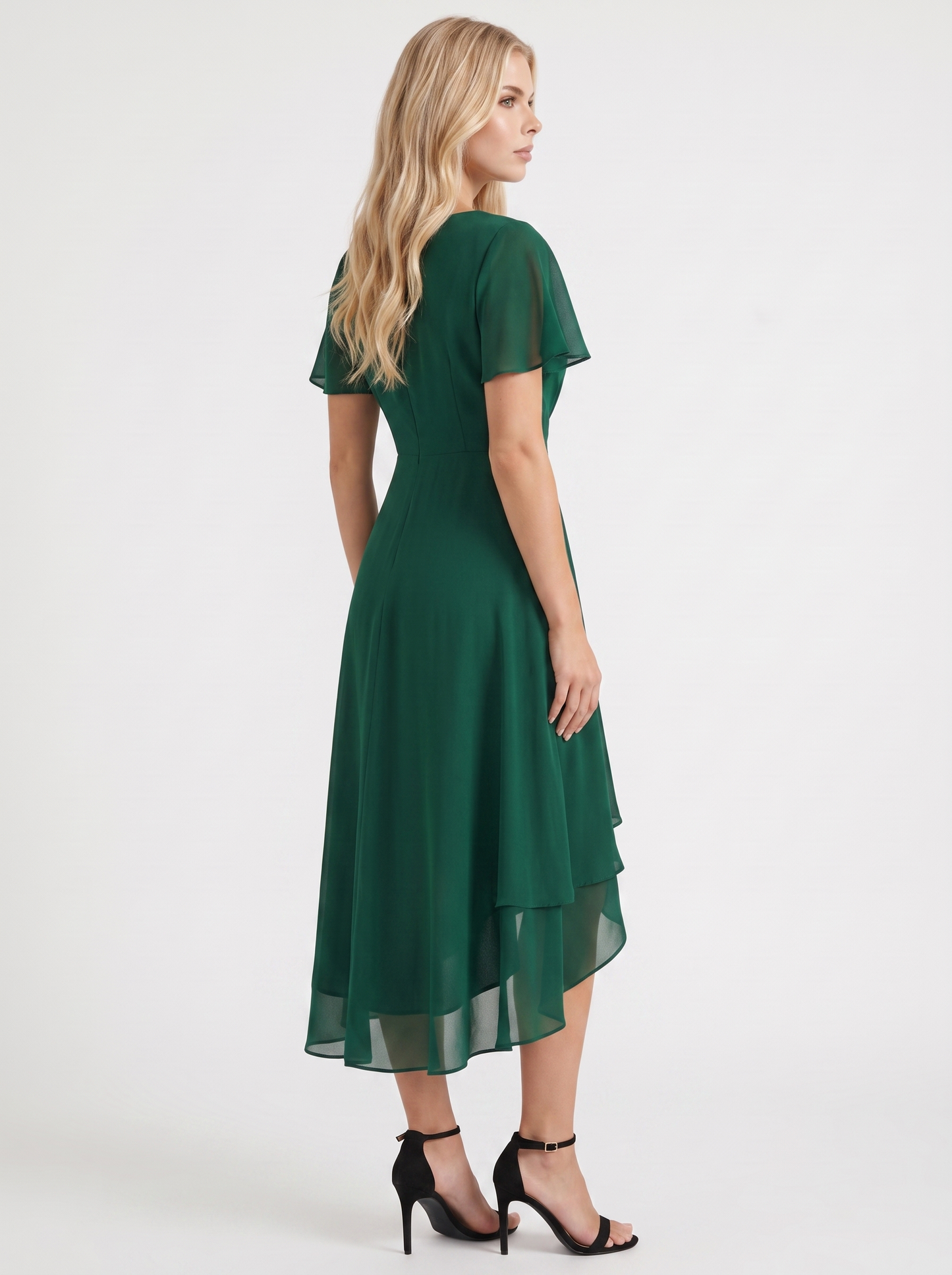 Women dark green midi dress with wrap v neckline and flutter sleeves