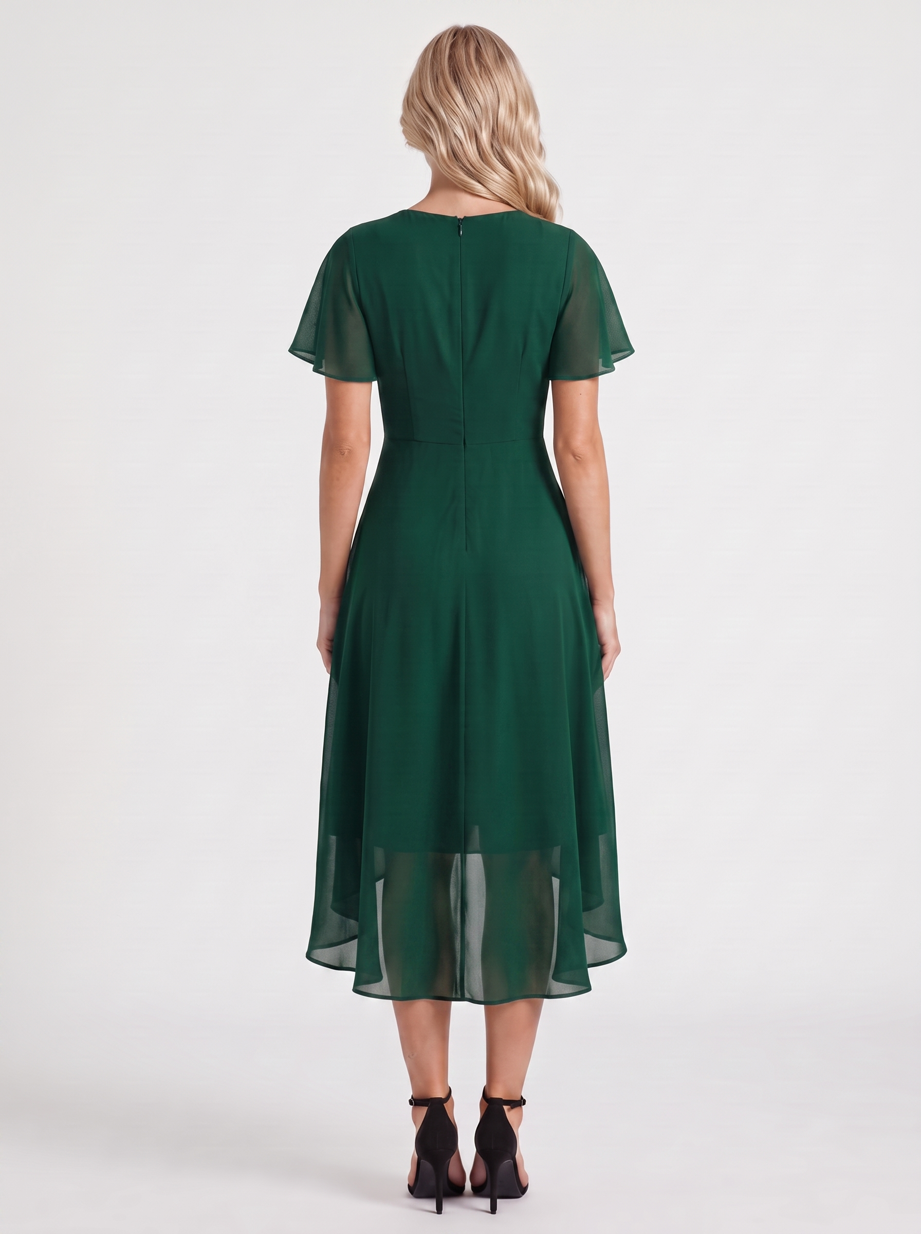 Women dark green midi dress with wrap v neckline and flutter sleeves