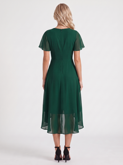 Women dark green midi dress with wrap v neckline and flutter sleeves