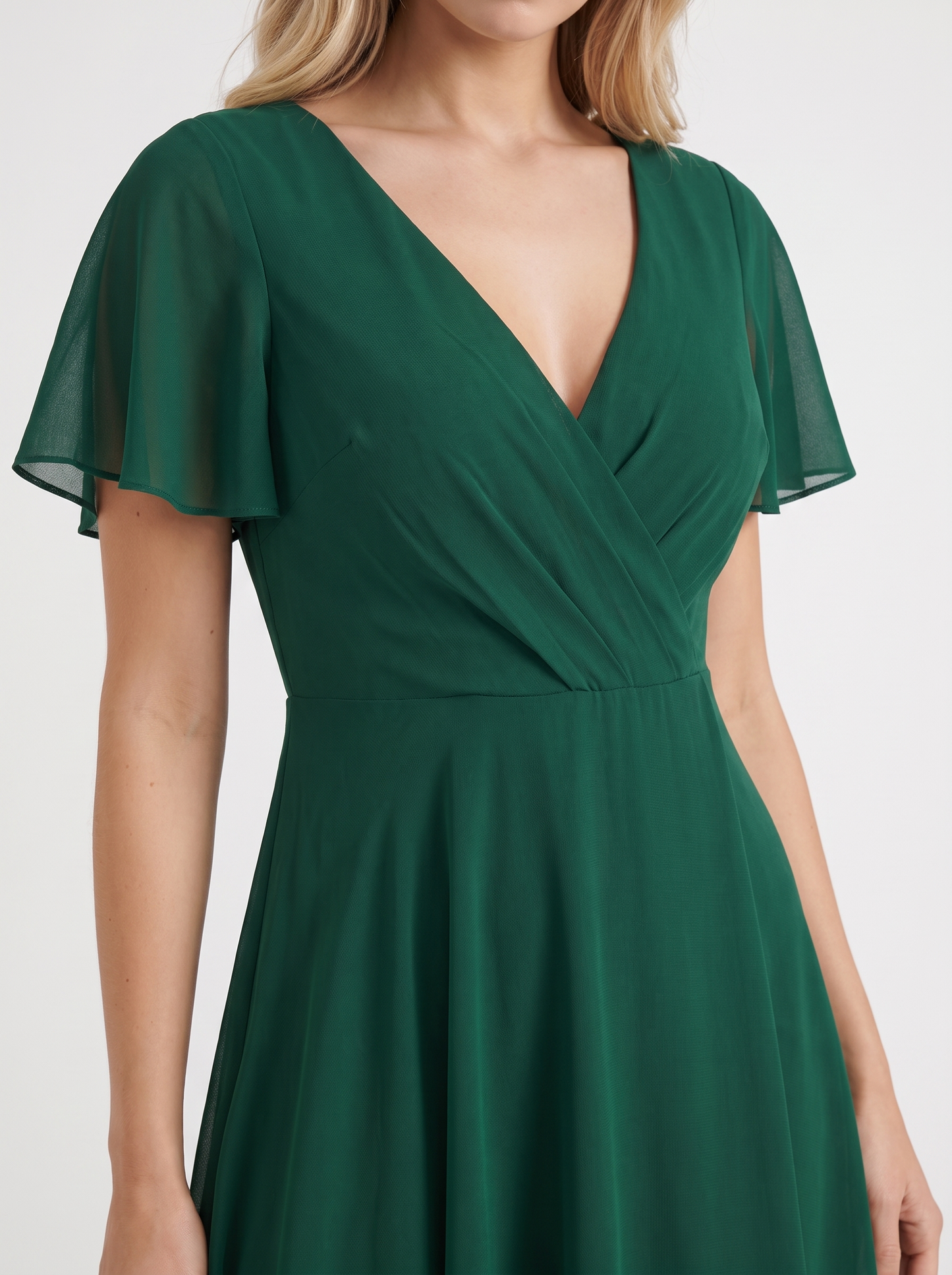 Women dark green midi dress with wrap v neckline and flutter sleeves