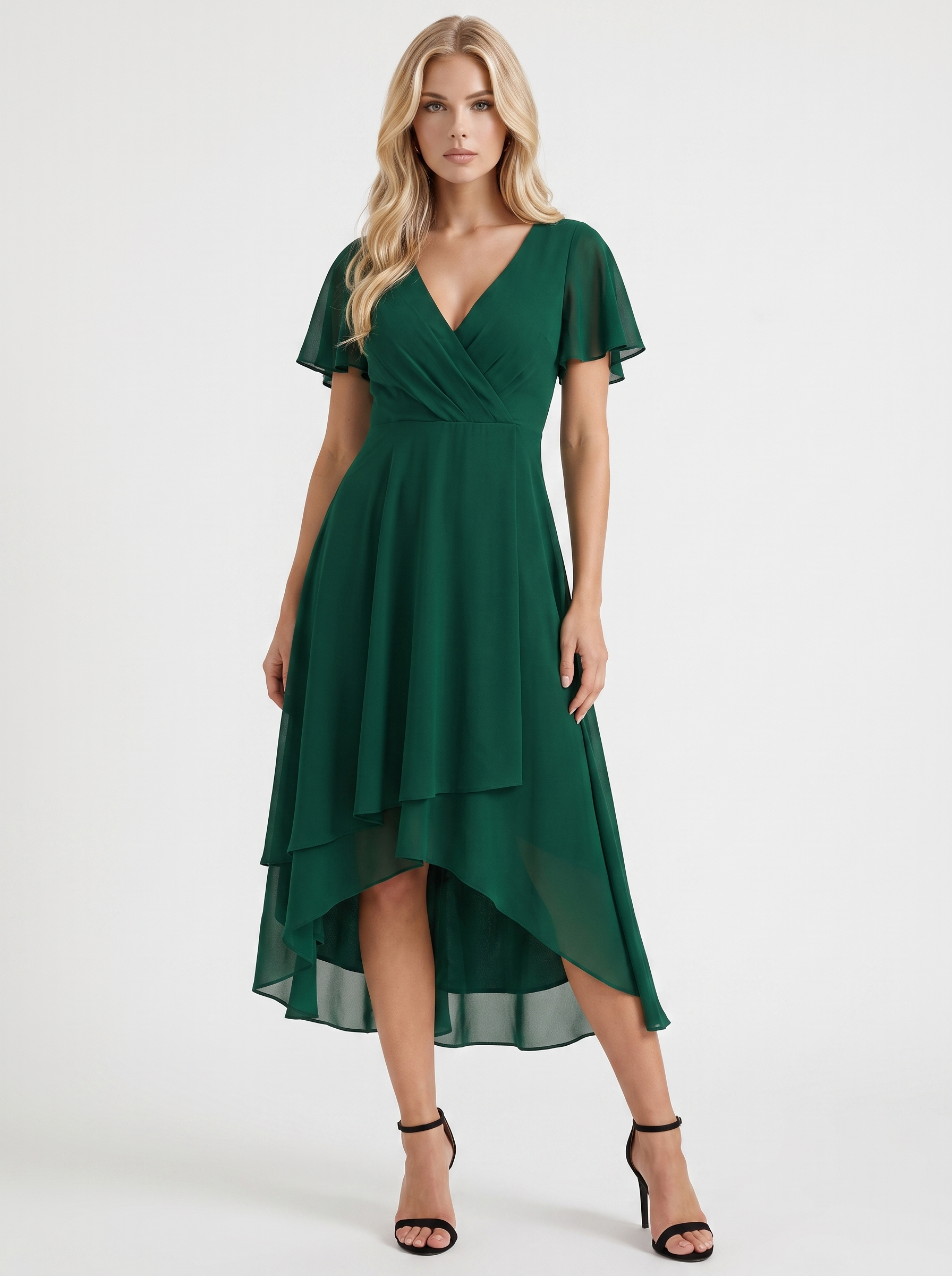 Women dark green midi dress with wrap v neckline and flutter sleeves