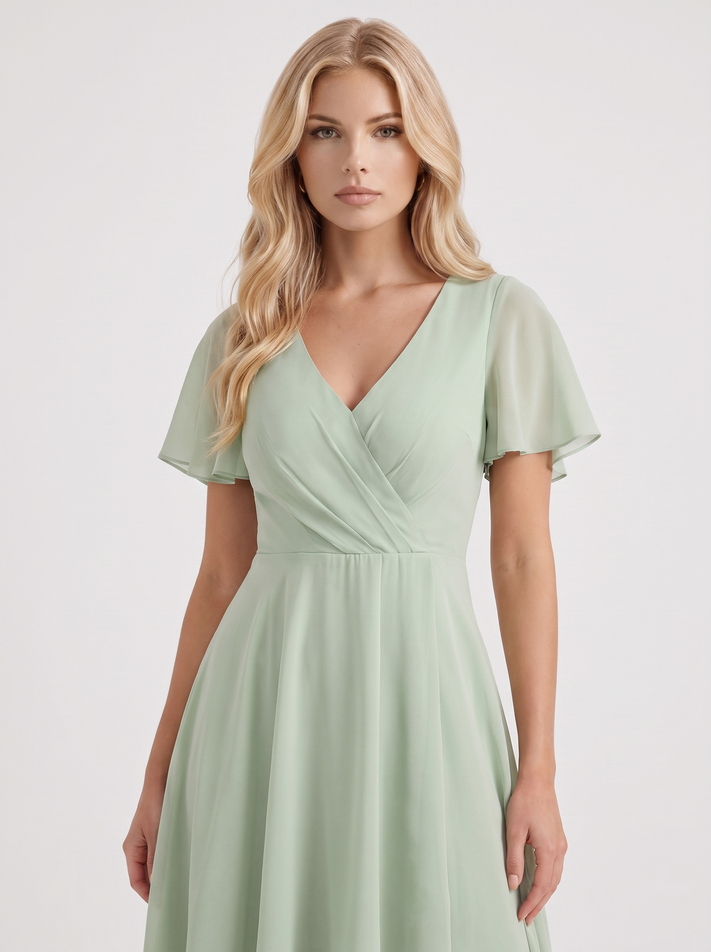 Women light green midi dress with wrap v neckline and flutter sleeves