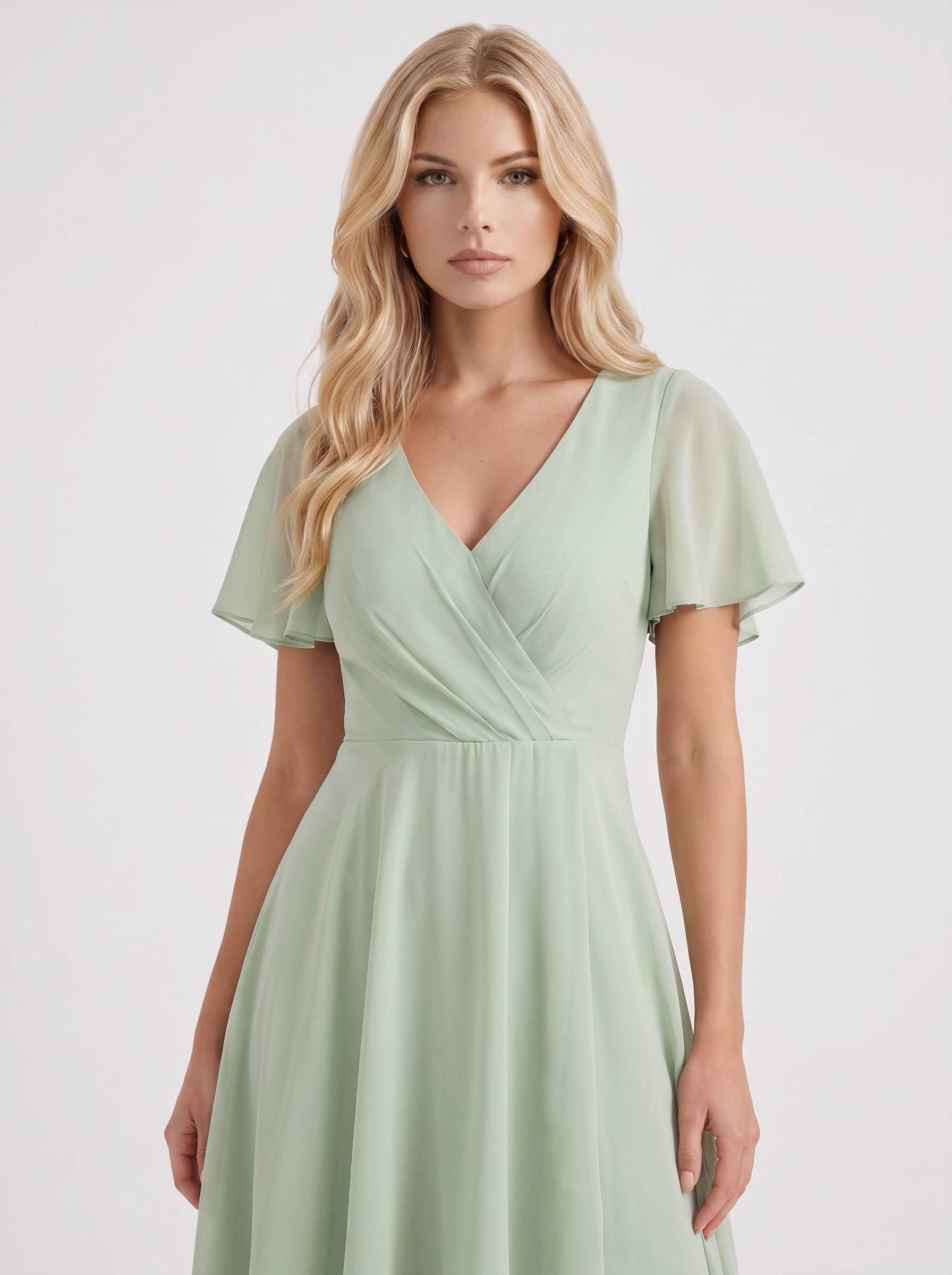 Women light green midi dress with wrap v neckline and flutter sleeves