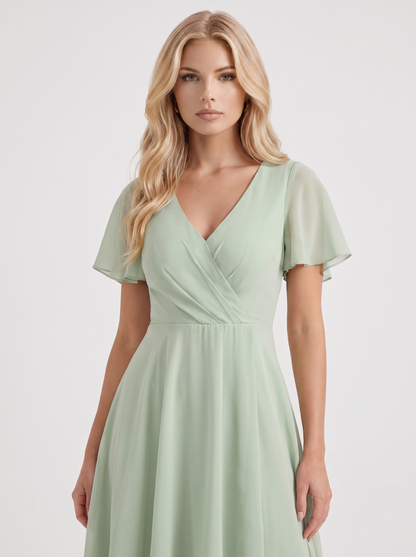 Women light green midi dress with wrap v neckline and flutter sleeves