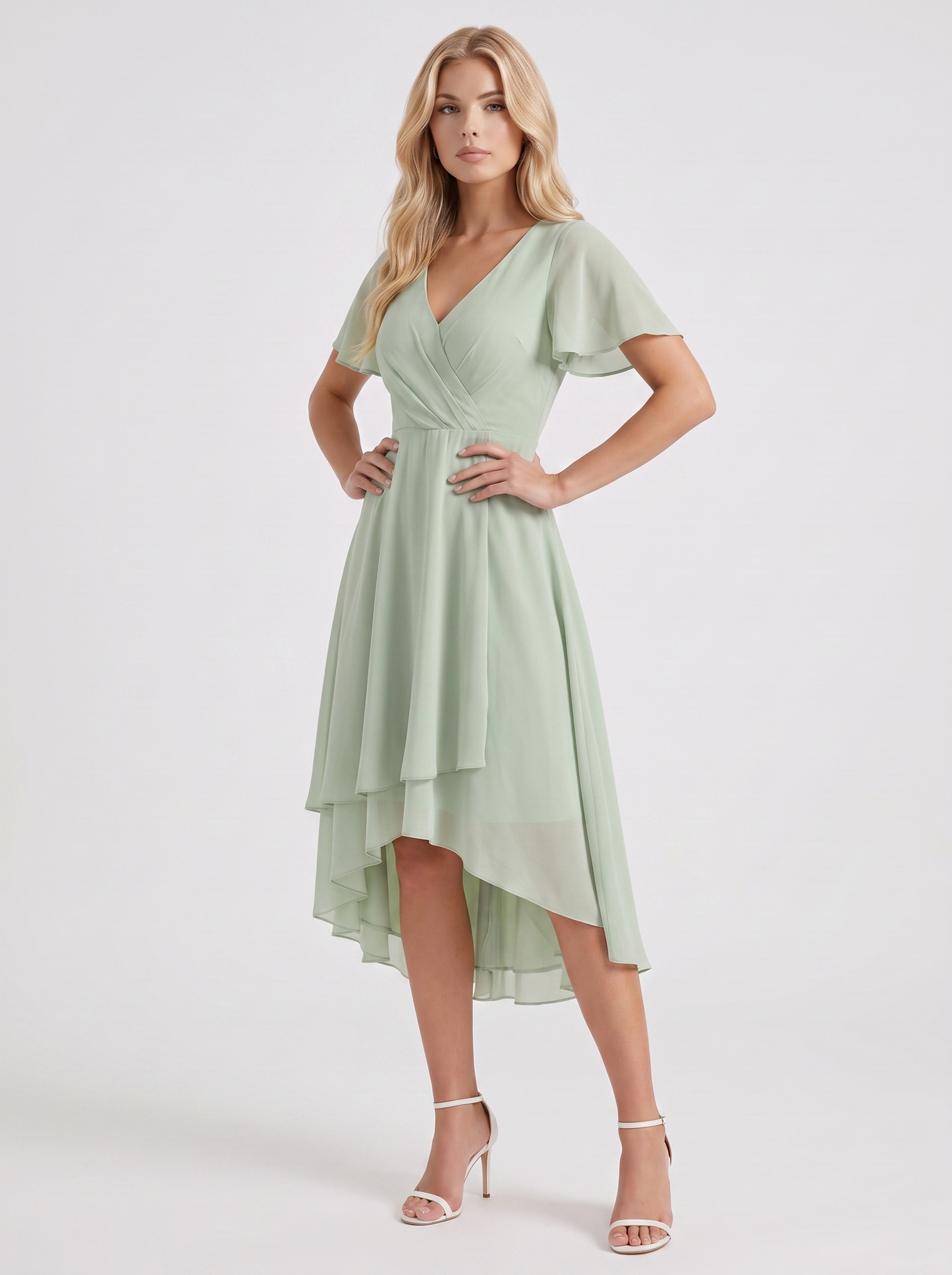 Women light green midi dress with wrap v neckline and flutter sleeves