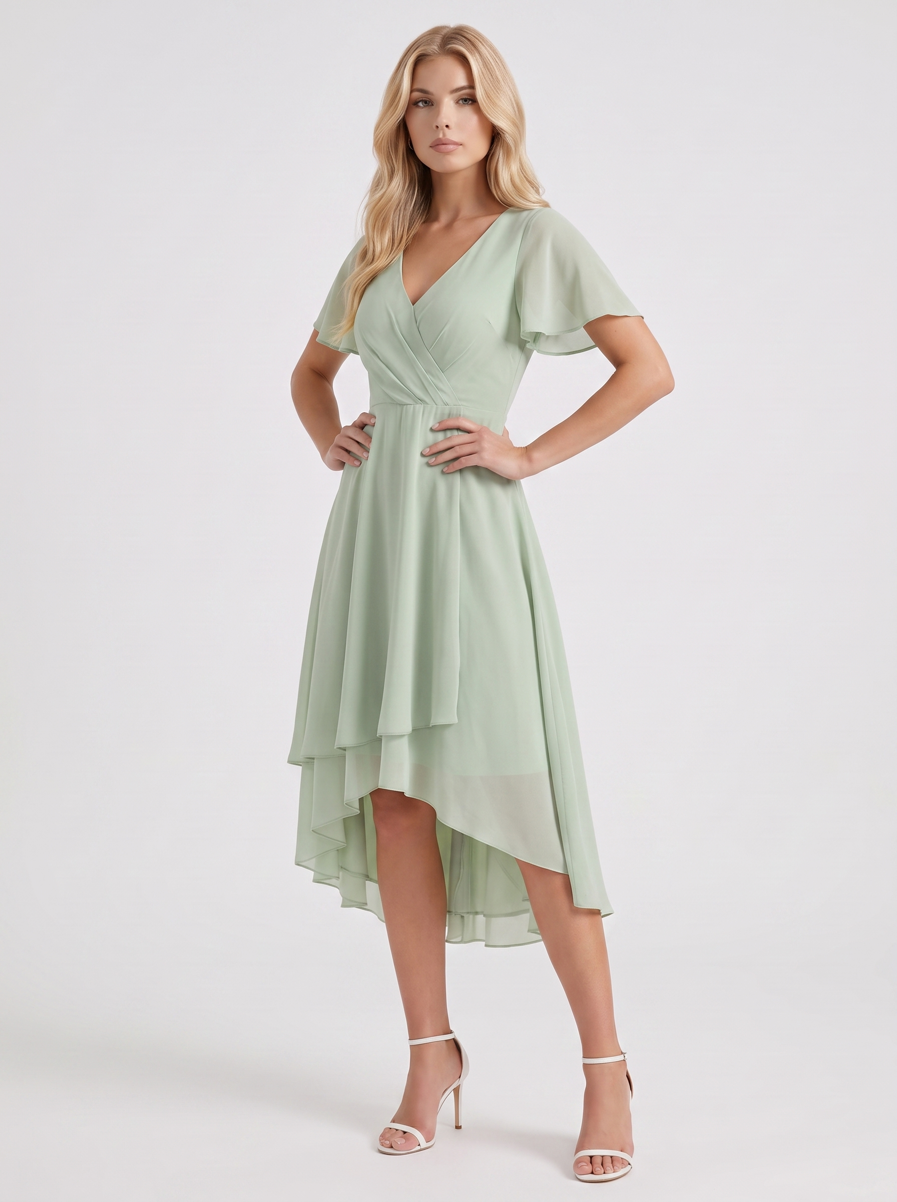 Women light green midi dress with wrap v neckline and flutter sleeves