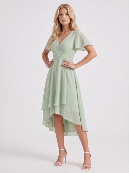 Women light green midi dress with wrap v neckline and flutter sleeves