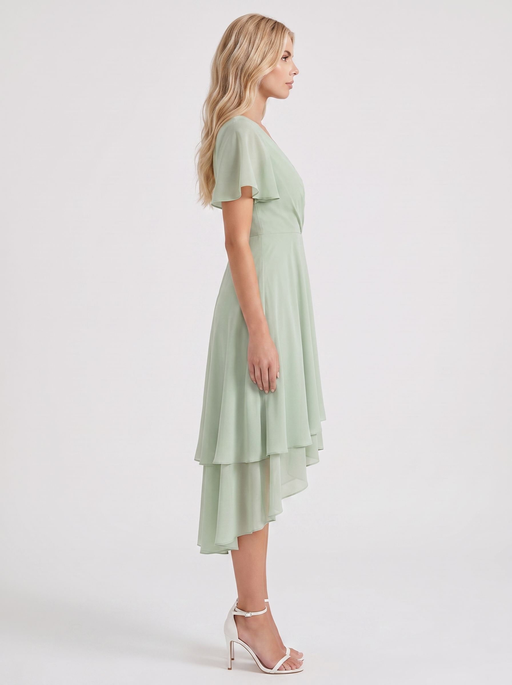 Women light green midi dress with wrap v neckline and flutter sleeves