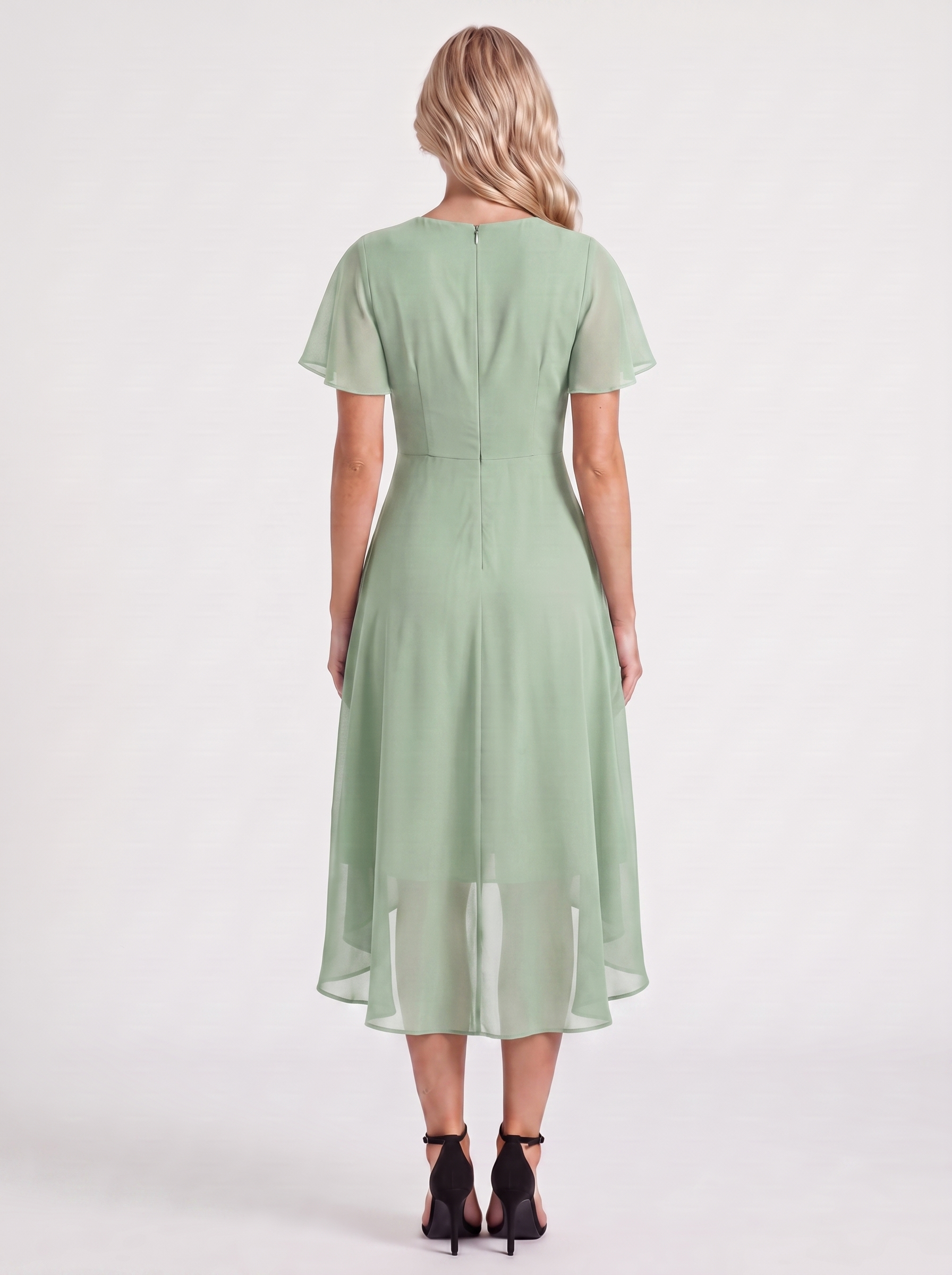 Women light green midi dress with wrap v neckline and flutter sleeves