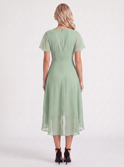 Women light green midi dress with wrap v neckline and flutter sleeves