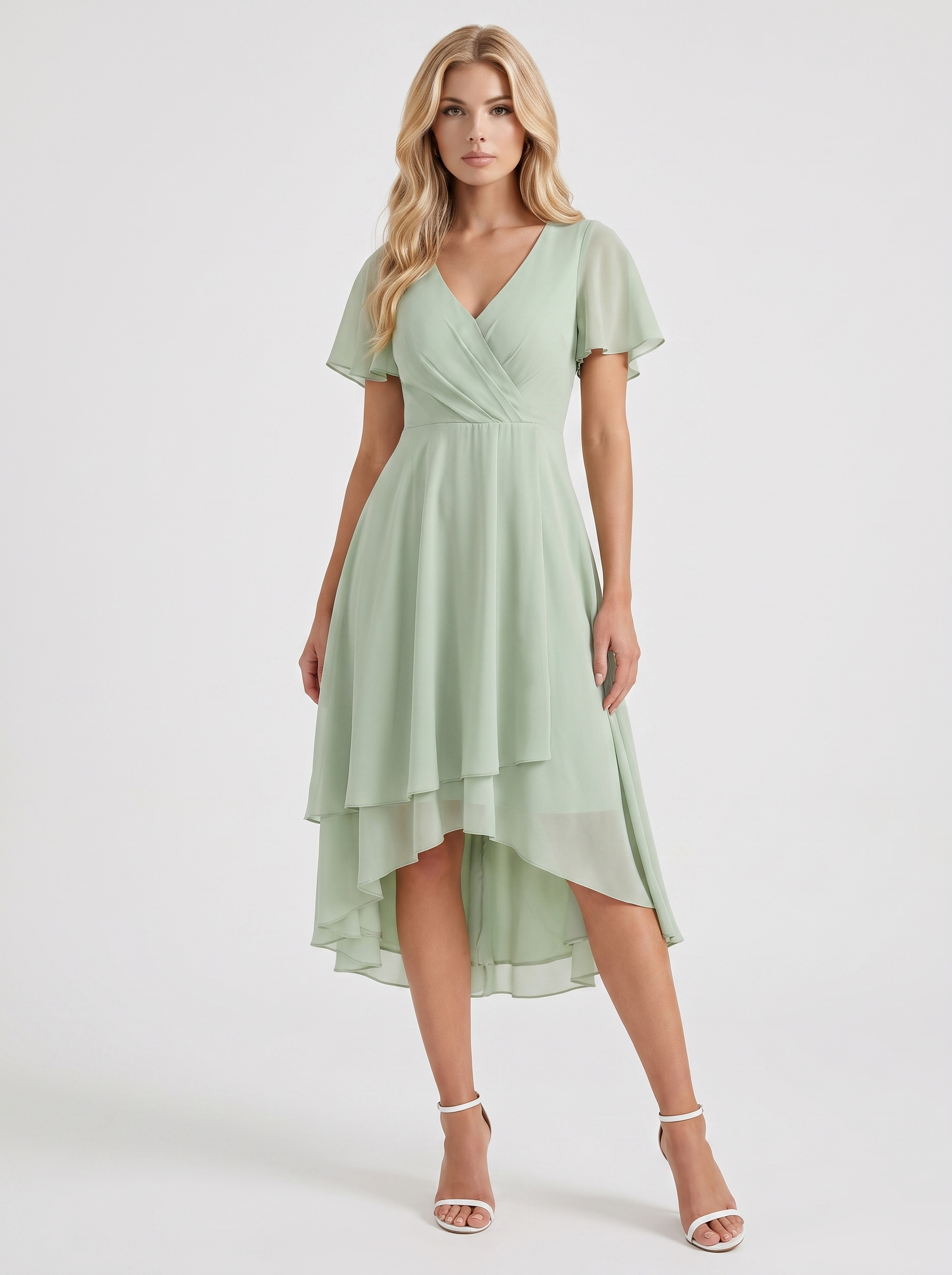 Women light green midi dress with wrap v neckline and flutter sleeves