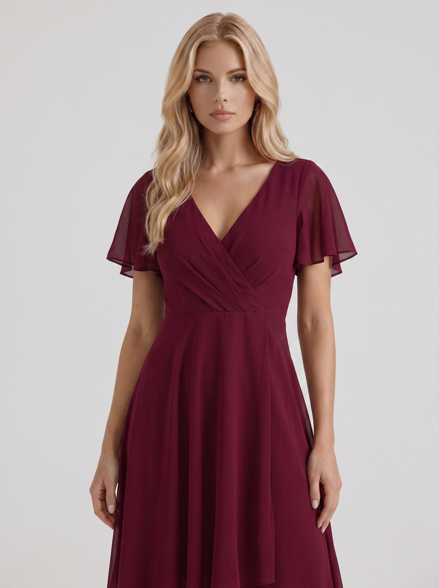 Women red midi dress with wrap v neckline and flutter sleeves
