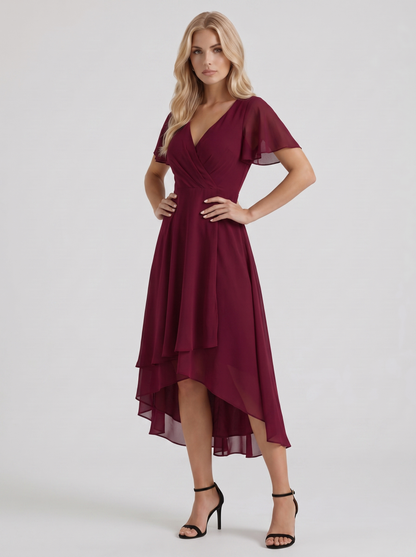 Women red midi dress with wrap v neckline and flutter sleeves