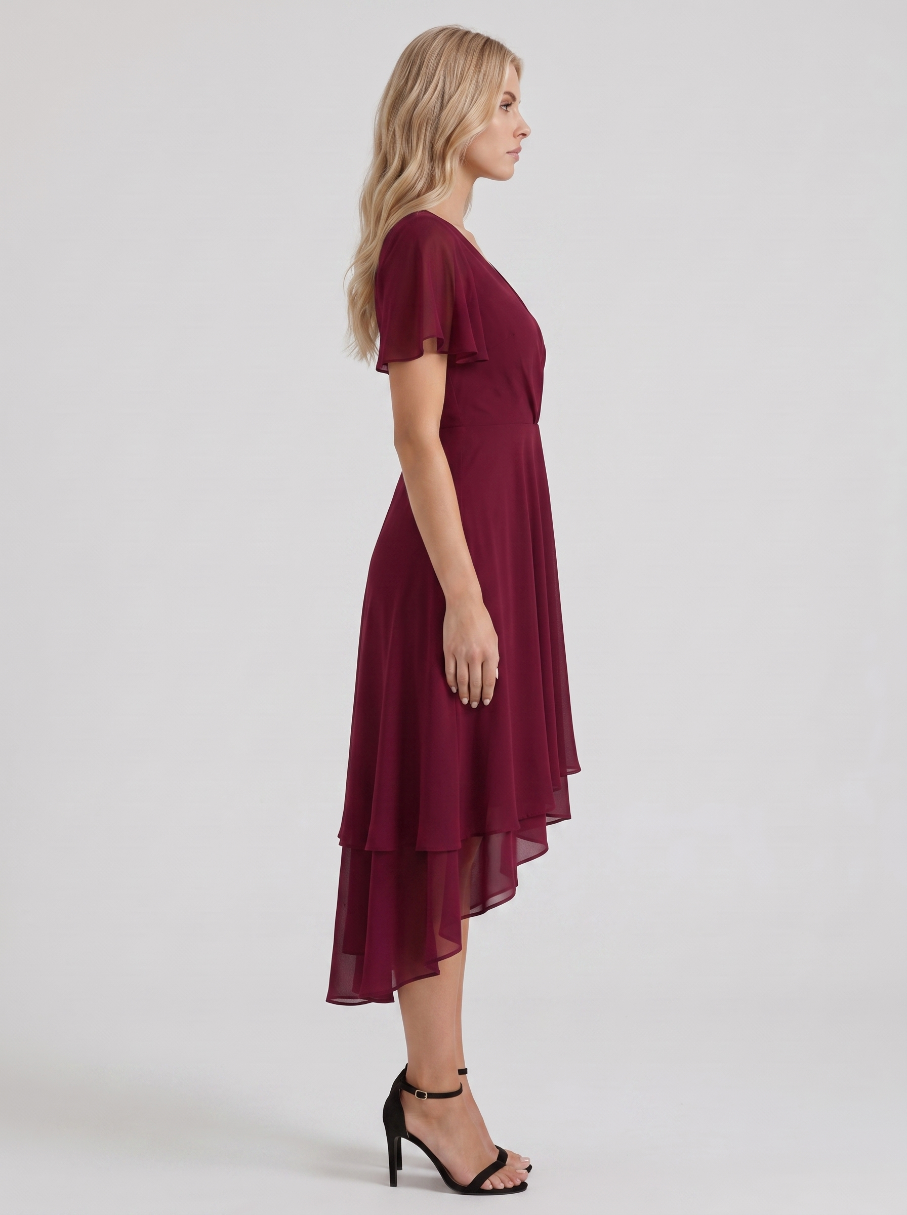 Women red midi dress with wrap v neckline and flutter sleeves