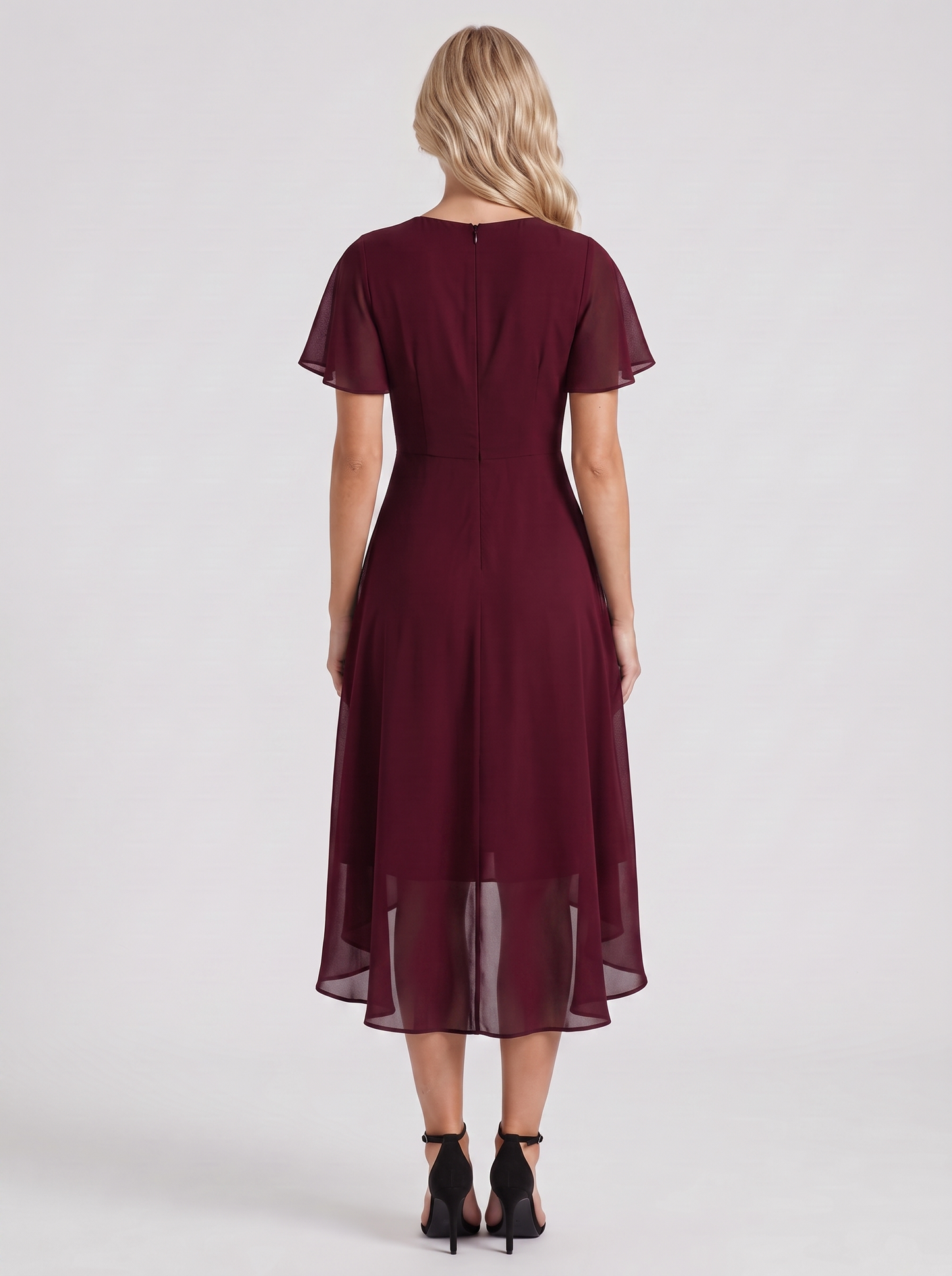 Women red midi dress with wrap v neckline and flutter sleeves