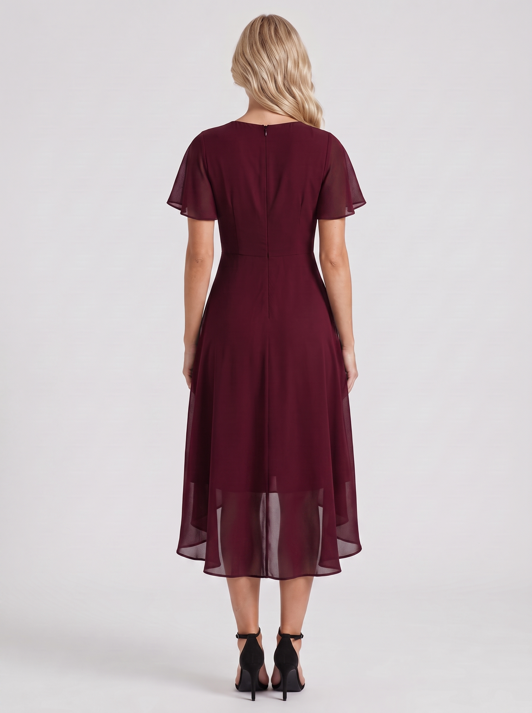 Women red midi dress with wrap v neckline and flutter sleeves