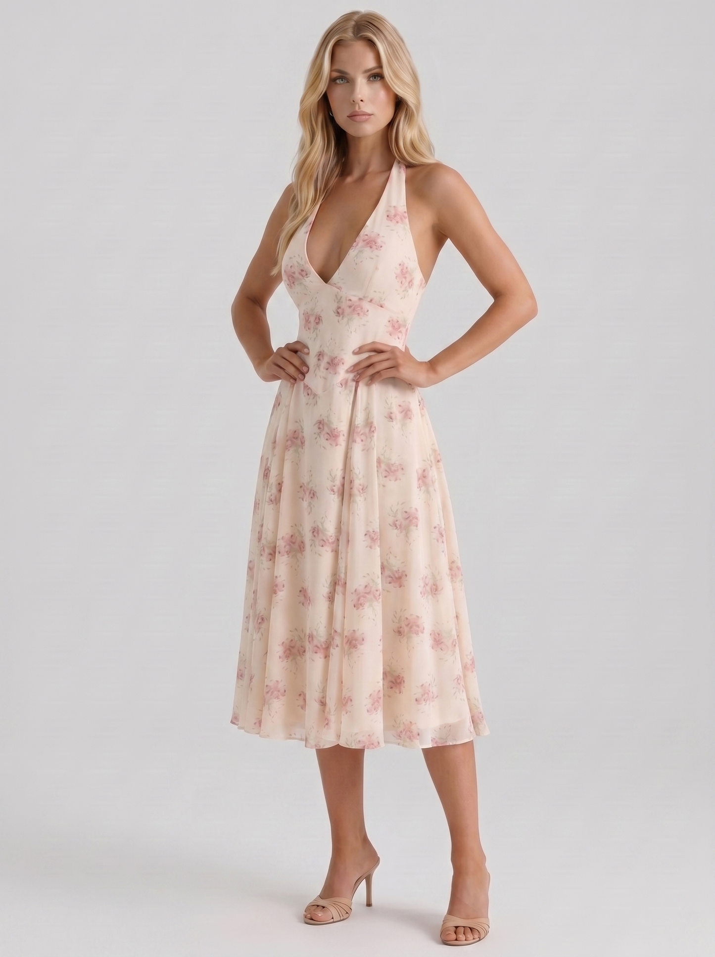 Women cream pink floral halter georgette midi dress, 45 angle view