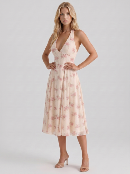 Women cream pink floral halter georgette midi dress, 45 angle view