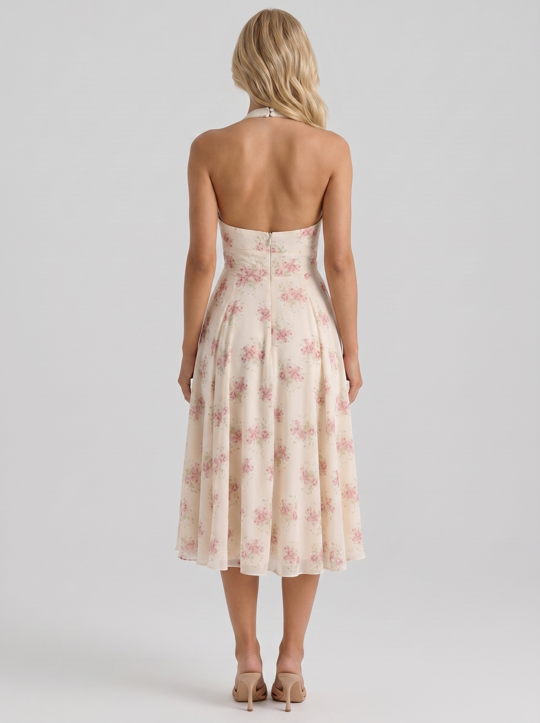 Women cream pink floral halter georgette midi dress, back view