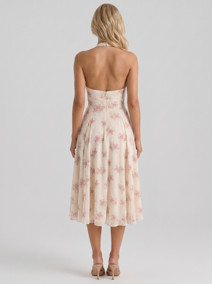 Women cream pink floral halter georgette midi dress, back view