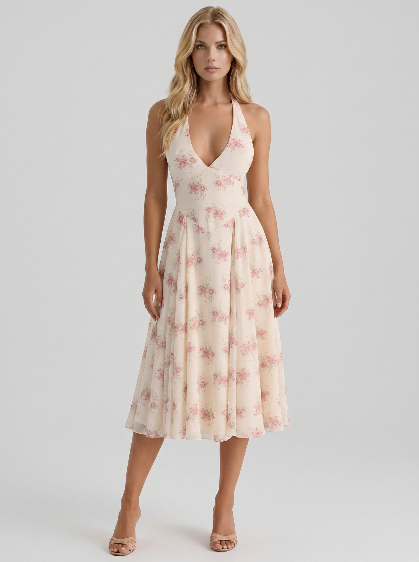 Women cream pink floral halter georgette midi dress, front view