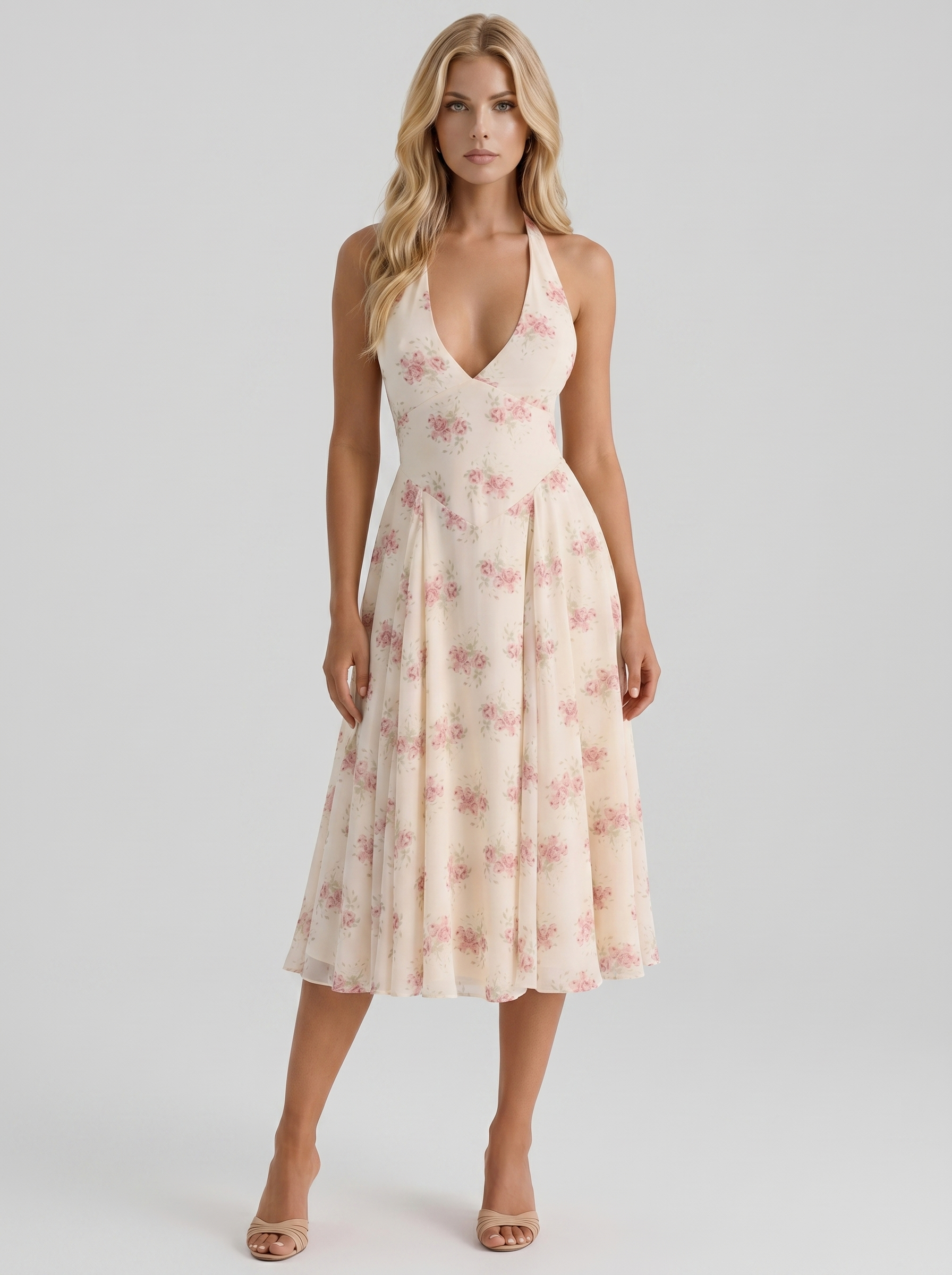 Women cream pink floral halter georgette midi dress, front view
