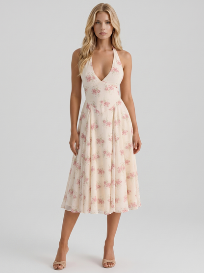 Women cream pink floral halter georgette midi dress, front view
