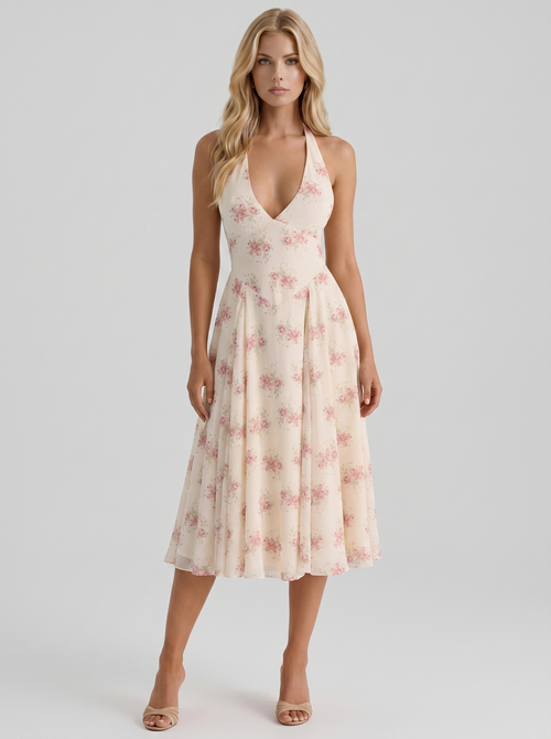 Women cream pink floral halter georgette midi dress, front view