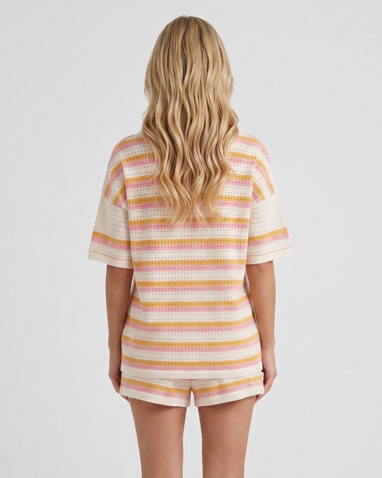 Women cream striped two piece set with polo top and shorts, back view